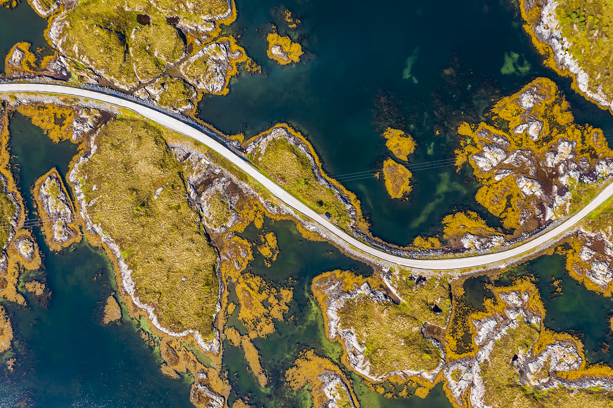 Aerial view of beautiful road with bridge on the island Smola, Norway.